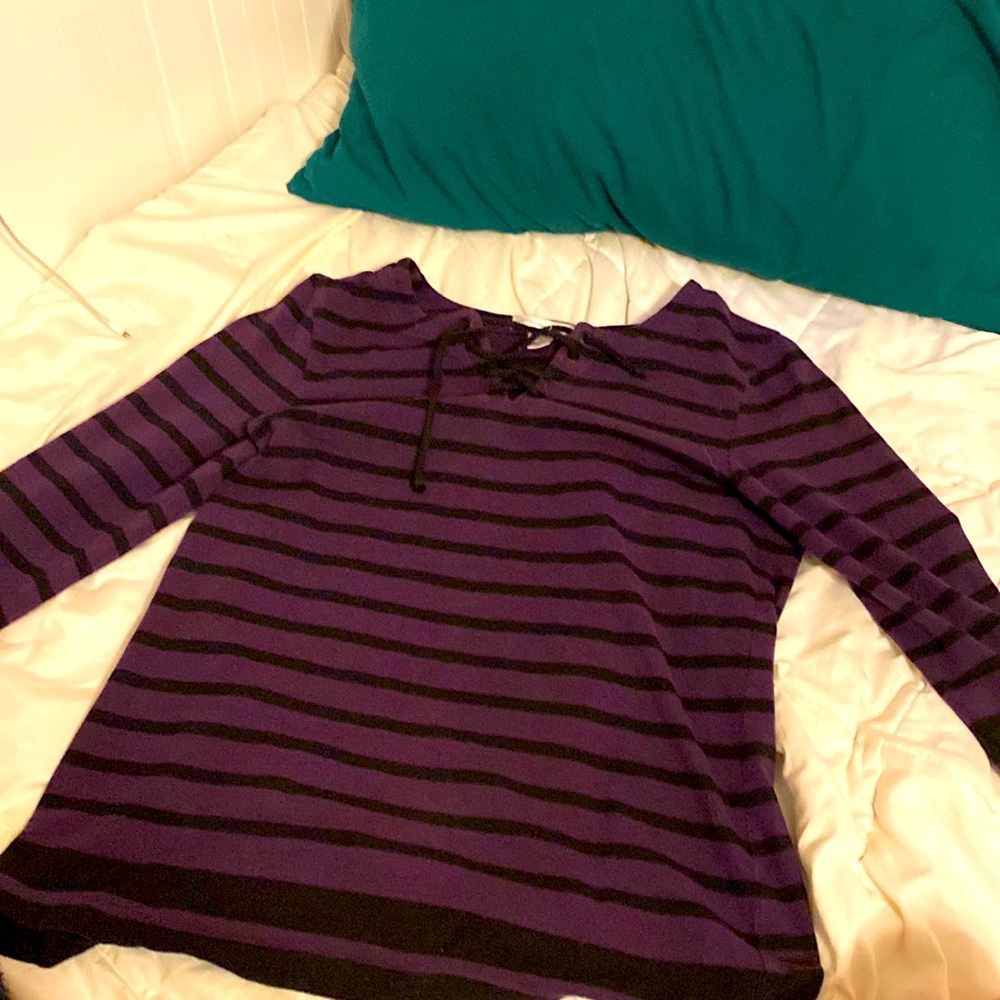purple and black striped tie sweatshirt